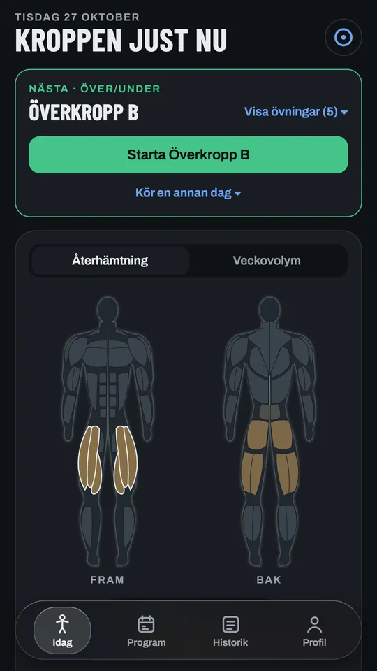 Idag-vyn: nästa pass i programmet och en muskelkarta som visar hur återhämtad varje muskel är.